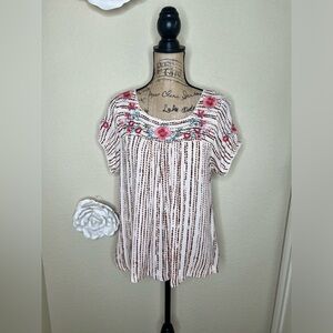 NTM: Savanna Jane Dot Striped Floral Embroidered Peasant Blouse Sz Large